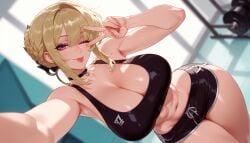 1girls :p ;p abs ai_generated armpits balecxi bangs bare_shoulders black_choker black_shorts black_sports_bra blonde_hair blurry_background blush bra braid brand_name_imitation breasts camera choker clavicle cleavage clothing collarbone curvaceous curvaceous_female curvaceous_figure curvy curvy_figure depth_of_field dolphin_shorts dumbbell dutch_angle earrings evelyn_chevalier female female_focus female_only fingernails gym gym_shorts hair_between_eyes hair_bun hoop_earrings indoors inviting jewelry large_breasts looking_at_viewer midriff navel one_eye_closed outstretched_arm presenting presenting_ass presenting_breasts presenting_hindquarters presenting_pussy presenting_self purple_eyes reaching reaching_towards_viewer ribbon seductive seductive_look seductive_smile short_shorts shorts sidelocks single_hair_bun smile solo sports_bra stomach thighs tongue tongue_out underwear v v_over_eye voluptuous voluptuous_female wide_hips zenless_zone_zero