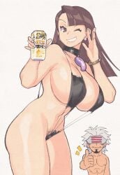 1boy 1girls 2d beer breasts brown_eyes brown_hair choker cleavage color earrings female flustered godot gyakuten_saiban inkerton-kun inkuusan large_breasts looking_at_viewer male mature_female mia_fey mole mole_under_mouth pointing pubic_hair pubic_hair_peek scarf sling_bikini smile tagme white_background
