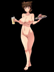 ajiyoshi_noriko areolae barefoot beer black_background blush breasts brown_eyes brown_hair censored cup feet female food highres huge_breasts legs looking_at_viewer milf mister_ajikko mosaic_censoring navel nightmare_express nipples nude onigiri_(ocelot) pussy short_hair simple_background smile solo standing thighs toes tray