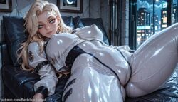 1girl ai_generated ass asymmetrical_hair backdoorsenpai big_ass blonde_hair blue_eyes cloak_and_dagger crescent_facial_mark cropped_jacket curvy dagger_(marvel) dagger_(marvel_rivals) earrings egao female female_focus female_only large_breasts long_hair long_sleeves lying_on_back marvel marvel_rivals naughty_face naugty_eyes perky_breasts presenting skin_tight thick_thighs thighs white_bodysuit white_jacket wide_hips wide_spread_legs