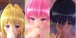 1boy 3d 3girls animated black_hair blonde_hair blowjob blush censored cock_worship cute eye_contact fellatio golden_darkness konjiki_no_yami kotegawa_yui long_hair looking_at_viewer mm-star momo_velia_deviluke oral penis pink_hair pov purple_eyes red_eyes short_hair sound sucking tagme teenager to_love-ru video yuuki_rito