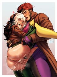 1boy 2dswirl anna_marie anus ass biting_own_lip black_bodysuit black_gloves blue_background blush bodysuit boots border brown_coat brown_hair brown_jacket cheekbones closed_eyes clothed_sex clothes_pull coat colored_sclera commentary commission couple covered_pectorals cum cum_in_pussy english_commentary facial_hair female female_orgasm gambit gloves gradient_background green_bodysuit green_eyes grey_background heart heavy_breathing highres husband_and_wife jacket leg_lift long_hair makeup male_pubic_hair marvel moaning mole mole_on_ass multicolored_bodysuit multicolored_hair mutant_love open_mouth orgasm pants pants_pull partially_fingerless_gloves pectorals penis pink_bodysuit pubic_hair purple_bodysuit pussy pussy_juice red_lips remy_lebeau rogue_(x-men) rolling_eyes saliva saliva_trail sex short_hair skindentation standing standing_sex straight stubble sweat torn_bodysuit torn_clothes trembling trembling_legs trench_coat vaginal_penetration veins veiny_penis white_border white_hair x-men yellow_boots yellow_gloves
