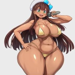1girls beret big_breasts big_hips big_thighs bikini breasts brown_hair curvaceous curvy curvy_body curvy_female curvy_figure curvy_hips dark-skinned_female dark_skin female golden_bikini green_eyes huge_hips indie_virtual_youtuber jadf large_breasts long_hair micro_bikini microphone nyaru open_mouth shiny_skin solo thick_thighs virtual_youtuber voluptuous voluptuous_female wide_hips