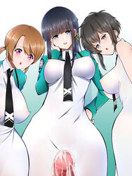 3girls bare_shoulders black_hair blue_eyes blush brown_hair censored cum dress grey_eyes hair_ornament kitayama_shizuku long_hair mahouka_koukou_no_rettousei mitsui_honoka mosaic_censoring multiple_girls necktie nipples open_mouth penis pink_eyes shiba_miyuki short_hair tied_hair twintails