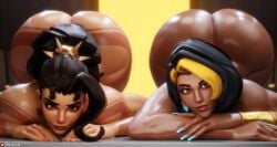 2girls 3d absurd_res ass ass_up big_ass dark-skinned_female dark_hair domina fat_ass female female_only heavy_butt hi_res highres huge_ass looking_at_viewer lying_on_stomach nemesis_3d overwatch shiny_skin thick_thighs thighs vendetta