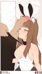 1boy absurdres animal_ear_fluff animal_ear_hairband animal_ears black_collar black_leash black_pants black_pantyhose blush breasts brown_hair closed_eyes collar commentary english_commentary fake_animal_ears fellatio female hairband highleg highleg_leotard highres holding holding_leash holo kissing_testicles leash leotard likunea long_hair medium_breasts oral pants pantyhose patreon_logo patreon_username penis penis_on_head penis_out playboy_bunny rabbit_ear_hairband rabbit_ears shirt sidelocks spice_and_wolf straight strapless strapless_leotard testicles twitter_username twitter_x_logo white_leotard white_shirt wolf_ears wolf_girl zoom_layer