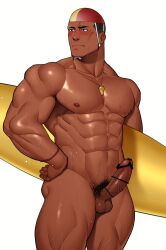 1boy abs absurd_res balls bara beefy biceps big_penis black_eyes black_hair blush broad_shoulders buzz_cut censor_bar censored censored_penis collarbone completely_nude daddy dark_penis dark_skin dilf eight_pack embarrassed erection foreskin foreskin_folds frenulum gay hand_on_waist happy_trail hi_res hunk kansuke_(kansuke_717) lifeguard looking_away male male_only manly mature_male muscles muscular muscular_arms muscular_legs muscular_male muscular_neck muscular_thighs neutral_expression nude original original_character pecs penis pointless_censoring pubic_hair quadriceps red_glans retracted_foreskin short_hair six_pack solo standing surfboard sweat sweatdrop sweating sweaty swimming_cap thick thick_arms thick_legs thick_penis thick_thighs tough_guy triceps uncircumcised uncut veiny_penis very_high_resolution whistle whistle_around_neck white_background wristband yaoi