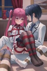1boy 3girls absurdres arms_behind_back black_thighhighs blue_necktie blush bondage bound bound_arms bound_legs breast_bondage breasts character_request claire_rouge collar commentary_request covered_nipples crotch_rope dress highres indoors jacket kazehaya_kamito leash long_hair looking_at_another multiple_girls necktie open_mouth panties pink_eyes pink_hair pussy_juice restrained rinslet_laurenfrost seirei_tsukai_no_blade_dance shibari_over_clothes shortofsugar skindentation small_breasts teeth terminus_est thighhighs twintails underwear very_long_hair white_dress white_panties white_thighhighs