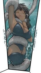 1girls ambiguous_gender brown_skin closed_eyes closed_mouth dark_hair drowning female frisk kronworld large_breasts medium_hair mi'ara neck_grab onionsan peril restrained tentacle undertale undertale_(series) underwater water
