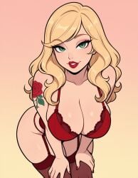 1girls absurd_res ai_generated arm_tattoo bent_over blonde_hair breasts curvy eyelashes flower_tattoo fromyourmouthva garter_straps gradient_background green_eyes hands_on_knees highres hips lace lace_trim leaning_forward lips lipstick megazard parted_lips red_lipstick rose_tattoo seductive seductive_look seductive_smile see-through see-through_clothing smile tattoo tattoo_on_arm thighs wavy_hair