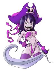 2d abs breasts female hair large_breasts leggings mileena mortal_kombat oekaki orange_eyes purple_hair risky_boots_(cosplay) shantae shantae:_half-genie_hero skeleton skin_tight smooth_skin solo sword thigh_highs weapon white_background