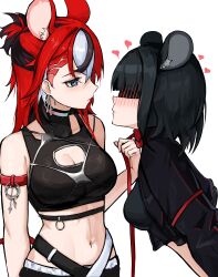 2girls alternate_version_available animal_ears backup_dancer_(hakos_baelz) belly_button black_hair blue_eyes bob_cut boob_window breasts cleavage cleavage_cutout clothed clothing collar female female_focus female_only hakos_baelz hakos_baelz_(snake_eyes) heart heart_symbol hearts_around_head hi_res hololive hololive_english hololive_english_-council- hololive_english_-promise- kemonomimi leash leash_and_collar leashed_collar light-skinned_female light_skin long_hair midriff multicolored_hair multiple_females multiple_girls navel rat_ears rat_girl rat_tail red_hair short_hair ttsyrene virtual_youtuber visor visor_(eyewear) white_hair yuri