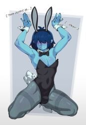 1boy 2026 armpits arms_up blue_body blue_hair blush bowtie_collar bulge bulge_through_clothing bunny_pose bunnysuit cosplay cuffs_(clothing) deltarune demidoggo digital_media_(artwork) easter english fake_animal_ears fake_bunny_ears fake_bunny_tail femboy fishnet_legwear fishnets fluffy_tail hair_over_eyes heels hi_res kris_(deltarune) looking_away male male_human male_only playboy_bunny playboy_bunny_leotard pose posing_for_the_viewer solo solo_focus solo_male squatting thick_thighs undertale_(series)
