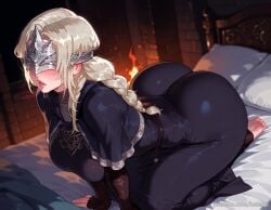 ai_generated balecxi belt blindfold blonde_hair blush braid capelet covered_eyes dark_souls dark_souls_3 eye_mask female fire_keeper fromsoftware gloves huge_ass large_breasts long_hair patreon_username solo