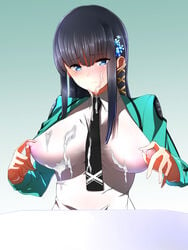 areolae black_hair blue_eyes blush breasts cum cum_on_breasts cum_on_clothes erect_nipples facial female hair_ornament highres impossible_clothes impossible_shirt large_breasts long_hair mahouka_koukou_no_rettousei necktie nipple_tweak nipples pointy_breasts school_uniform see-through shiba_miyuki shirt shumichi smile solo