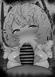 1boy 1girls :>= angels_of_delusion aria_(zenless_zone_zero) aria_(zenless_zone_zero)_(human_form) bare_shoulders big_penis black_and_white blush breasts censored dark-skinned_male dark_skin detailed_background drooling eyelashes fellatio female heart hoyoverse human indoor inside interracial kurotama looking_at_viewer male male_pov oral oral_sex penis ponytail room saliva shiny shiny_skin short_hair sketch sound_effects squatting sweat text tied_hair tongue tongue_out vein veins veiny veiny_penis zenless_zone_zero