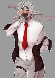 1boy 5_eyes broogli_(youtuber) cuntboy cuntboy_only dialogue droogli_drunch embarrassed english_text garter_straps grey_skin long_ears male male_only pussy sharp_claws solo_male suit the_backrooms undressing vagina wet_pussy youtube