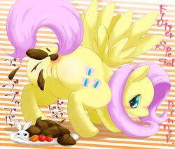 angel_(mlp) anus blush carrot cutie_mark english_text equine feces fluttershy_(mlp) friendship_is_magic japanese_text mammal my_little_pony pegasus plate pussy scat suvaru text tomato wings