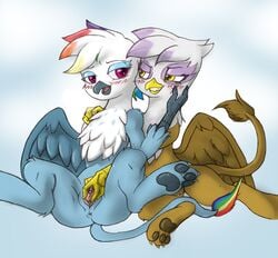 anus avian beak bedroom_eyes blush clitoris duo feathers female feral fingering friendship_is_magic gilda_(mlp) gryphon half-closed_eyes i_am_nude multicolored_hair my_little_pony pussy rainbow_dash_(mlp) rainbow_hair sex spread_legs spread_pussy spreading vaginal_penetration wings yellow_eyes yuri