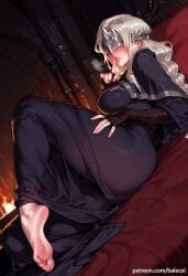ai_generated balecxi barefoot black_dress blindfold blush capelet covered_eyes dark_souls dark_souls_3 eye_mask feet female finger_to_mouth fingerless_gloves fire_keeper fromsoftware gloves large_breasts long_hair lying parted_lips patreon_username soles solo toes