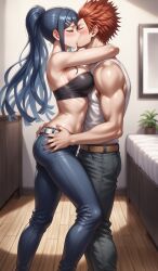 1girl1boy ai_generated arms_around_neck bare_shoulders belt big_breasts black_strapless closed_eyes danganronpa danganronpa:_trigger_happy_havoc goatee hand_on_another's_waist high_ponytail hug jeans kissing kuwata_leon maizono_sayaka midriff muscular_male nai_diffusion sexy_female stable_diffusion standing white_sleeveless_shirt