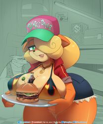 1boy 1girls anthro between_breasts bikini_top blonde_hair burger coco_bandicoot crash_(series) dingodile female fur furry hat large_breasts lewdssonk tongue tongue_out waitress