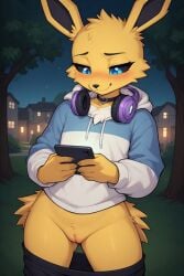 ai_generated anthro black_sclera blue_eyes choker female headphones hoodie jolteon night no_panties pants_down phone pokemon pokemon_(species) pussy yellow_body young