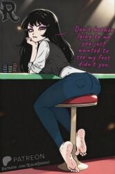 1girls 2d 2d_(artwork) 2d_artwork anime_style annoyed_expression ass_focus back_view bar_stool bare_feet barefoot big_butt black_hair black_vest blue_jeans blunt_bangs butt_focus cartoon_style casino casino_chip casino_table cell_shading comic comic_page dangling_feet dangling_foot dark_background denim dialogue digital_art digital_artwork digital_drawing digital_drawing_(artwork) digital_media digital_media_(artwork) english_text eyelashes eyeliner feet feet_fetish feet_focus feet_together female female_artist female_focus foot_fetish foot_focus footjob_tease formal_wear from_behind gambling grey_vest hand_drawn handdrawn handdrawn_art high_arches hime_cut indoor jeans long_hair long_sleeves looking_at_viewer looking_back looking_over_shoulder oc oc_female original original_art original_artwork original_character perspective_view poker_chips pouting professional_attire purple_eyeshadow purple_makeup red_eyes rogueserpent seductive seductive_eyes seductive_look sitting sitting_on_stool smirking sole sole_female soles soles_female soles_fetish soles_focus solo solo_female solo_focus spotlight stool stool_focus text thick_eyebrows thick_outlines thick_thighs tight_jeans toe_curl toe_scrunch toes toes_scrunch toes_spread vest white_shirt wrinkled_soles