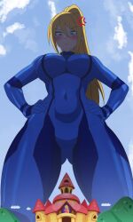 1girls alternate_version anybrody blonde blonde-haired_female blonde_female blonde_hair blonde_hair_female blue-eyed_female blue_eyes blue_eyes_female body_suit bodysuit castle crossover female female_focus female_only giant_female giant_woman giantess giga_giantess light-skinned_female light_skin mario_(series) metroid mushroom_kingdom nintendo samus_aran solo solo_female solo_focus textless textless_version