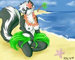 anthro areola beach big_breasts breasts clothing female fur heat leaking mammal nipples nude open_mouth pussy raj-y seaside skunk solo transformation water wereskunk