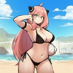 1girls aged_up ai_generated anya_forger beach bikini black_bikini black_clothing black_swimsuit breasts cold_shrike curvaceous curvy curvy_figure female female_only girl green_eyes hair_ornament hand_in_hair holding_ball holding_object holding_volleyball long_hair looking_at_viewer navel novelai outdoors outside pink_hair self_upload simple_background sky solo solo_female solo_focus spy_x_family sun sunlight swimsuit volleyball volleyball_net