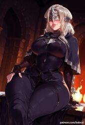 ai_generated balecxi blindfold capelet covered_eyes curvy dark_souls dark_souls_3 dress female fingerless_gloves fire_keeper fromsoftware gloves jewelry large_breasts lips long_hair necklace patreon_username sitting solo thick_thighs wide_hips