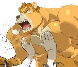 2017 angry bara bear big_pecs brown_beard brown_hair furry male muscular nipples nude open_mouth saltypoundcake simple_background size_difference tan_body tan_fur