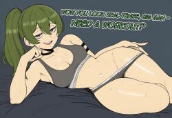 ai_generated arms_up inviting_to_sex looking_at_viewer midriff on_side pulling_panties purple_eyes smug smugi sports_bra sweaty teasing teasing_viewer ubel_(sousou_no_frieren)