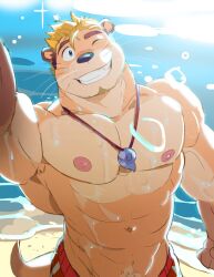 2018 bara beach furry male muscular nipples otter saltypoundcake shorts smile solo tan_body tan_fur tan_hair