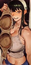 1girls ai_generated aroused aroused_face aroused_female aroused_smile bangs bare_shoulders belly_button big_breasts bikini black_hair blush bra bra_removed breasts busty chibi curvy_figure earrings hairband hips large_breasts long_hair looking_at_viewer mother natural_breasts posing posing_for_the_viewer red_eyes removed_bra shorts sleeveless_shirt spy_x_family sweat sweating tanktop text thighs waifucrematorium wet wet_body wet_bra wet_clothes wet_clothing wet_skin yor_briar yor_forger