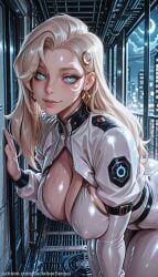 1girl ai_generated ass asymmetrical_hair backdoorsenpai big_ass blonde_hair blue_eyes blush breasts cloak_and_dagger crescent_facial_mark cropped_jacket curvy dagger_(marvel) dagger_(marvel_rivals) earrings egao female female_focus female_only hand_up large_breasts long_hair long_sleeves looking_at_viewer marvel marvel_rivals naughty_face naugty_eyes open_mouth perky_breasts portrait skin_tight solo thick_thighs thighs tongue tongue_out upper_body white_bodysuit white_jacket wide_hips