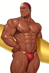 1boy abs absurd_res bara beefy biceps black_eyes black_hair broad_shoulders bulge bulge_through_clothing buzz_cut collarbone daddy dark_skin dilf eight_pack flaccid gay hand_on_waist happy_trail hi_res hunk kansuke_(kansuke_717) lifeguard lifeguard_swimsuit looking_away male male_only manly mature_male muscles muscular muscular_arms muscular_legs muscular_male muscular_neck muscular_thighs neutral_expression original original_character pecs pubic_hair quadriceps short_hair six_pack solo standing surfboard sweat sweatdrop sweating sweaty swim_briefs swimming_cap thick thick_arms thick_legs thick_thighs topless tough_guy triceps very_high_resolution whistle whistle_around_neck white_background wristband yaoi