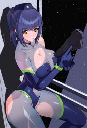 1girls 2023 blue_hair bodysuit cleavage commission dark_blue_hair gun hourglass_figure human human_female koooon_soft koooon_soft_space_girl large_breasts light-skinned_female medium_hair nanamesohuutei ponytail slim_waist solo space space_girl_(koooon_soft) spacecraft spaceship steam steamy_breath thick_thighs torn_bodysuit torn_clothes wide_hips yellow_eyes