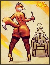 1boy 1girls anthro armchair art_brush back-seamed_legwear breasts clothed_male_nude_female color fantastic_mr._fox female fox full_body fur furry furry_only hand_on_hip high_heels male mr._fox mrs._fox nude orange_fur outdoors pose presenting presenting_hindquarters pumps sitting sligarthetiger spoken_ellipsis stockings tail thighhighs