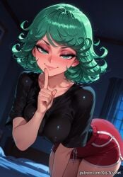 2026 ai_generated alternate_breast_size anime bed bedroom black_shirt blush breasts cleavage covered_nipples crossover curly_hair dolphin_shorts eye_contact eyelashes female female_focus female_only finger_to_mouth flushed green_eyes green_hair green_nails highres index_finger_raised indoors inside leaning_forward lips looking_at_viewer medium_breasts nail_polish naughty_face night nsfw one-punch_man patreon patreon_username red_shorts rognezart seductive_smile shirt short_hair short_shorts short_sleeves shorts shushing smile smiling solo tatsumaki window
