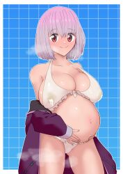 1girls 2d 2d_(artwork) big_breasts bikini blush bob_cut cleavage female female_only hand_on_stomach holding_belly jacket lactation lactation_through_clothes lavender_hair light_purple_hair looking_at_viewer nipple_bulge off_shoulder official_alternate_costume outie_navel pink_eyes pregnant purple_hair shinjou_akane smile solo ssss.gridman steam steaming_body sunemoro swimsuit thick_thighs thighs voluptuous white_bikini