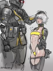 1girls barcode barcode_tattoo bomb_collar collar collar_tag explosive_collar female femsub headpat helldivers helldivers_2 revealing_clothes skimpy_armor skimpy_clothes small_breast smaller_female white_hair zako