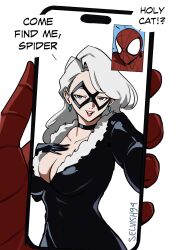 1boy 1boy1girl 1girl1boy 1girls 2026 alluring big_breasts black_cat_(marvel) blue_eyes bodysuit breasts bursting_breasts choker cleavage collar couple couple_(romantic) couples curvaceous curvaceous_body curvaceous_female curvaceous_figure curvaceous_hips curvy curvy_body curvy_female curvy_figure curvy_hips dialogue domino_mask earrings enticing eyemask felicia_hardy female hips huge_breasts large_breasts light-skinned_female light_skin looking_at_partner looking_at_viewer male marvel marvel_comics mask masked masked_female massive_breasts peter_parker phone romantic romantic_couple seducing seductive seductive_look selvish94 skin_tight spider-man spider-man_(series) superhero superhero_couple superheroine teasing teasing_partner teasing_viewer temptation tempting tempting_viewer text thick thick_breasts thick_hips thick_thighs tight_clothes tight_clothing voluptuous voluptuous_female white_background white_fur white_hair wide_hips