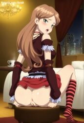 ai_generated anus blonde_hair deik0 from_behind green_eyes huntik indoors kneehighs kneesocks large_ass long_hair looking_back medium_breasts no_panties open_mouth presenting sitting skirt solo sophie_casterwill
