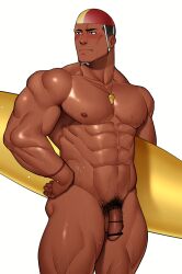 1boy abs absurd_res balls bara beefy biceps big_glans black_eyes black_hair blush broad_shoulders buzz_cut censor_bar censored censored_penis collarbone completely_nude daddy dark_penis dark_skin dilf eight_pack embarrassed flaccid gay hand_on_waist happy_trail hi_res hunk kansuke_(kansuke_717) lifeguard looking_away male male_only manly mature_male muscles muscular muscular_arms muscular_legs muscular_male muscular_neck muscular_thighs neutral_expression nude original original_character pecs penis pointless_censoring pubic_hair quadriceps retracted_foreskin short_hair six_pack solo standing surfboard sweat sweatdrop sweating sweaty swimming_cap thick thick_arms thick_legs thick_thighs tough_guy triceps uncircumcised uncut veiny_penis very_high_resolution whistle whistle_around_neck white_background wristband yaoi