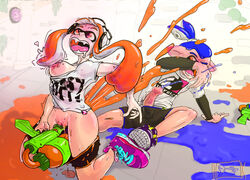 afoxinabox anthro blue_hair breasts cephalopod cephalopod_humanoid clothing cum cumshot detailed drooling erection exhibitionism female holding_breast inkling inkling_boy inkling_girl john_(splatoon) kaori_(splatoon) male marine mask_(marking) masturbation mutual_masturbation nintendo open_mouth orange_eyes orange_hair orgasm outside pants pants_down penis precum pussy pussy_juice pussy_juice_drip saliva smooth_skin splatoon splattershot spray squid tentacle tentacle_hair thighs video_games wet_t-shirt