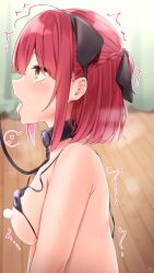 ahoge armpit_crease bikini bikini_top_lift black_bikini black_collar black_hairband black_ribbon blush braid breasts censored censored_nipples clothes_lift collar commentary_request cum cum_in_mouth cum_on_tongue female from_side hair_ribbon hairband half_up_braid heart highres leash medium_breasts medium_hair open_mouth original ramchi red_hair ribbon sidelocks spoken_heart step-sister-chan_(ramchi) string_bikini sweat swimsuit tears tongue tongue_out trembling upper_body yellow_eyes
