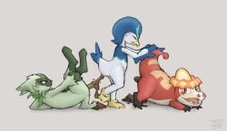 2026 ambiguous_gender ambiguous_pooping anthro artist_name beak blue_body blue_feathers blue_tail_feathers cheek_tuft claws closed_eyes crocalor dated dipstick_ears ear_markings facial_tuft feathers feces feces_on_ground feces_pile feet feral floragato fur generation_9_pokemon green_body green_fur grey_background group hi_res jadeder leg_markings legs_up looking_back lying markings membrane_(anatomy) multicolored_ears narrowed_eyes nintendo on_back on_front open_mouth open_smile orange_body pokemon pokemon_(species) pooping_on_another pooping_on_floor pooping_together quaxwell red_body red_eyes scat scatplay sharp_teeth simple_background smile socks_(marking) tail tail_feathers teeth text toes trio tuft webbed_feet white_body white_feathers yellow_beak
