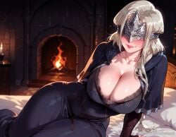 ai_generated balecxi bed blindfold blush braid candle cleavage covered_eyes dark_souls dark_souls_3 dress eye_mask female fire_keeper fromsoftware indoors large_breasts long_hair patreon_username smile solo web_address